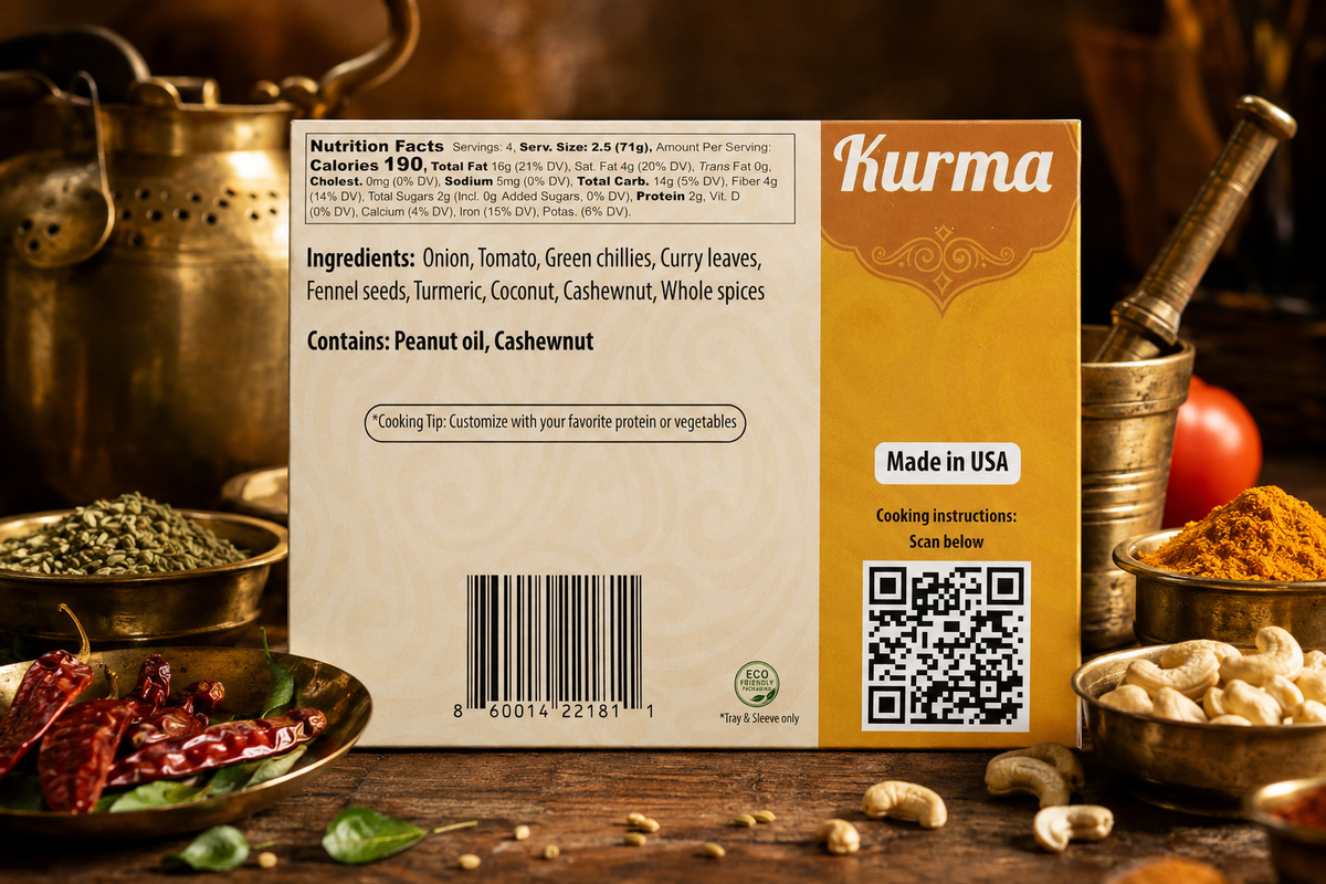 Kurma packaging with nutritional information and ingredients on a wooden background