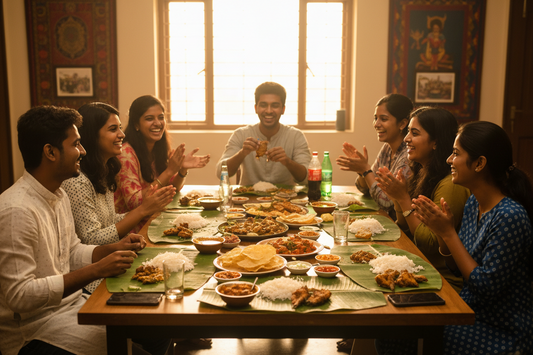 Happy South Indian friends gathered around a dining table enjoying a traditional South Indian non-veg meal together