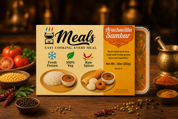 Packaged Aruchuvilla Sambar with ingredients on a wooden table